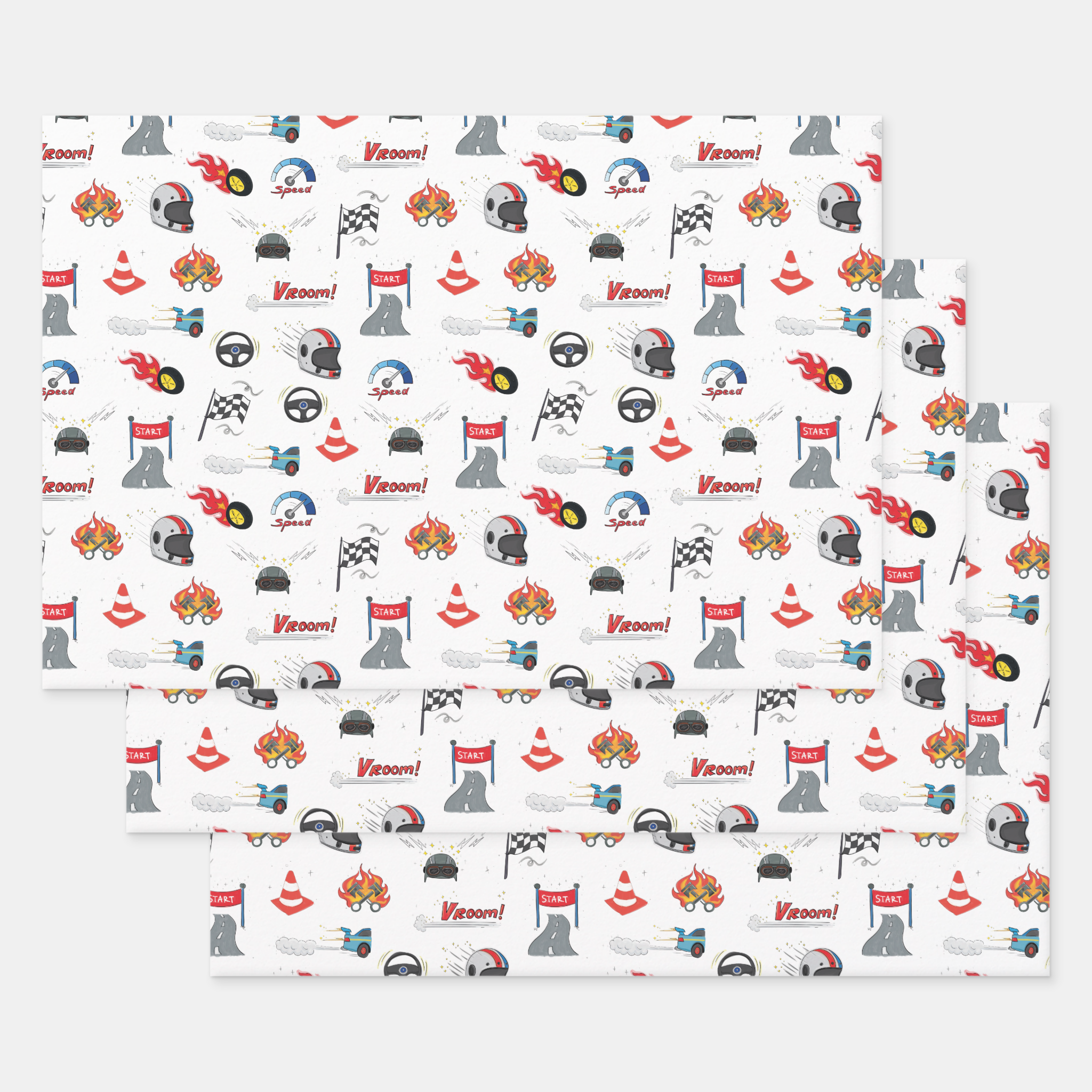 Racing Cars Gift Wrapping Paper Sheets, Set of 3